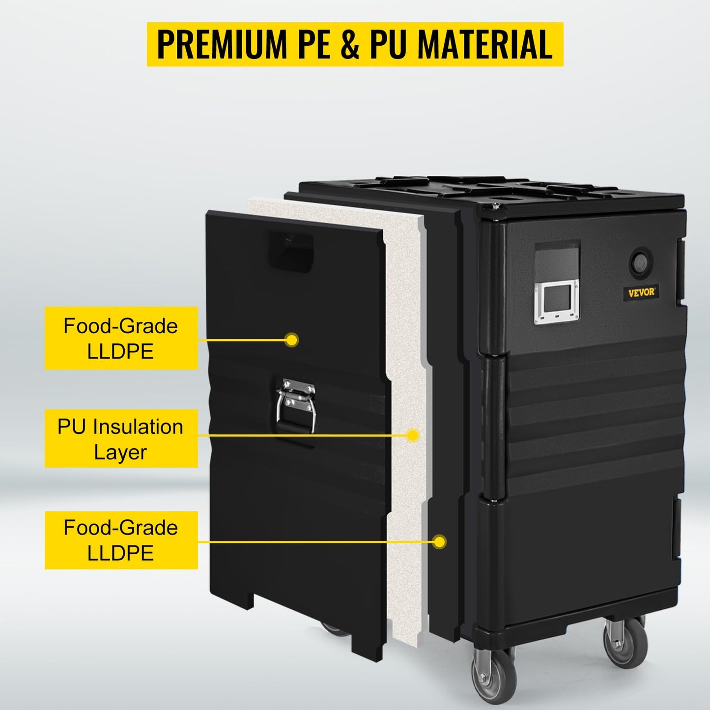 VEVOR Insulated Food Pan Carrier, 127 Qt Hot Box for Catering, LLDPE Food Box Carrier w/Double Buckles, Front Loading Food Warmer w/Handles, End Loader w/Wheels for Restaurant, Canteen, etc. Black