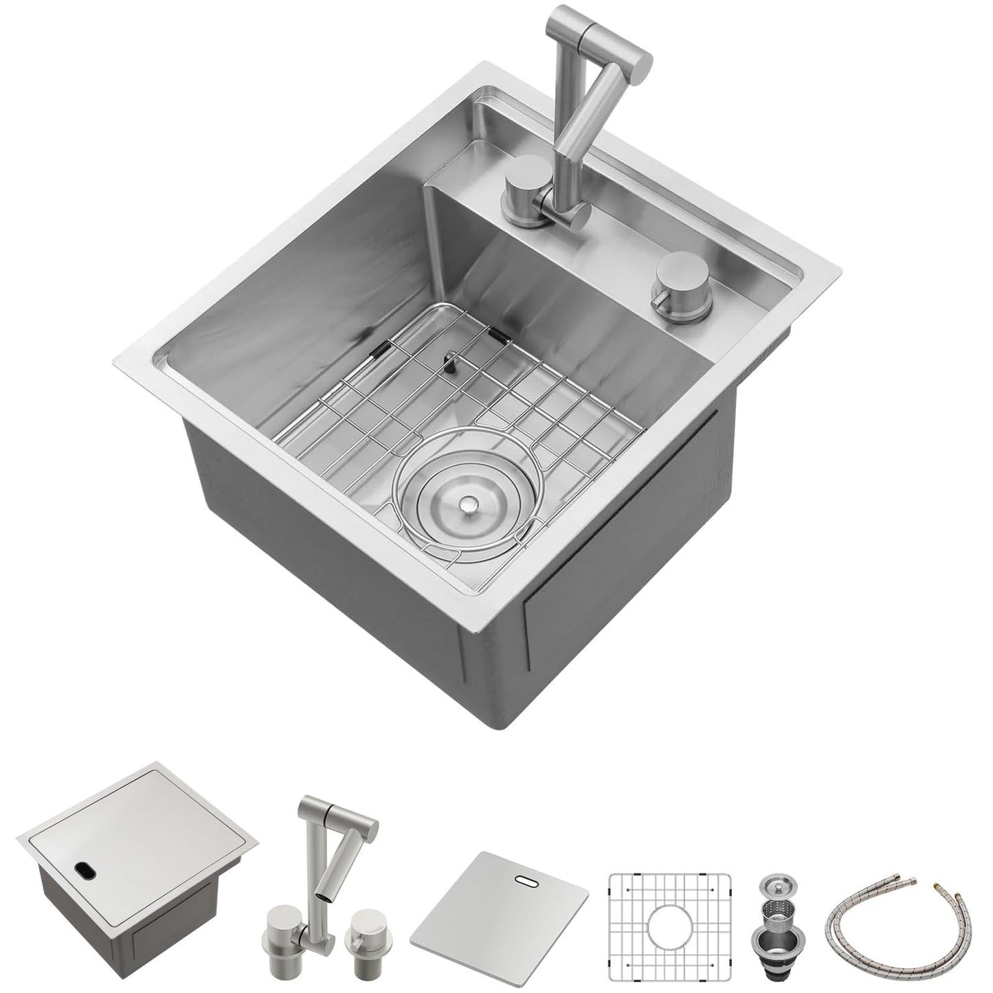 Lordear 15x17 Indoor Outdoor Kitchen Sink with Foldable Faucet Samll Bar Prep 16 Gauge T304 Stainless Steel Single Bowl Basin for Island Camper Wet Bar Prep Mobile Home