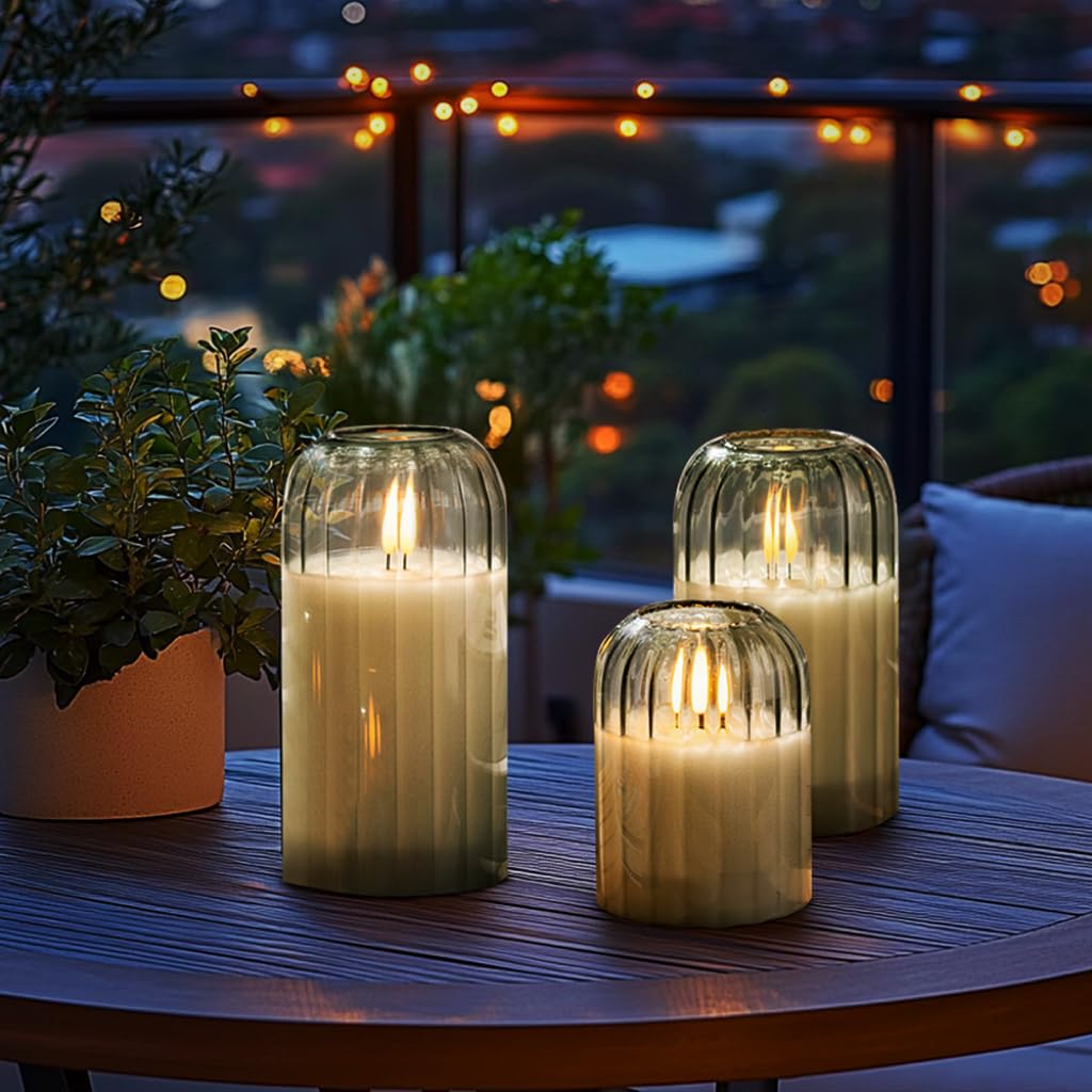Ribbed Glass Battery Candles - FLameless Candles with Remote, Sage Green LED Candles with Timer, Warm Light, Lasting 350 Hrs and Brightness Adjustment, Φ 3" H 4" 5" 6", Set of 3 for Christmas Decor