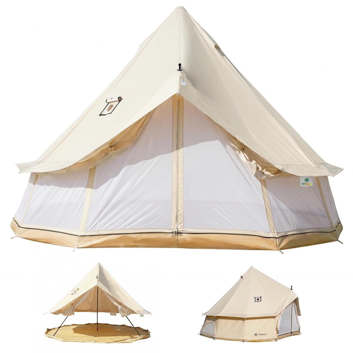 Canvas Bell Tent with Stove Jack, Glamping Yurt Tent for 360° Ventilated Mesh with Zipped Removable Floor, 4 Season Family House Hot Tents for All Year Living (Beige- 4M- 173 sq. ft yurt)