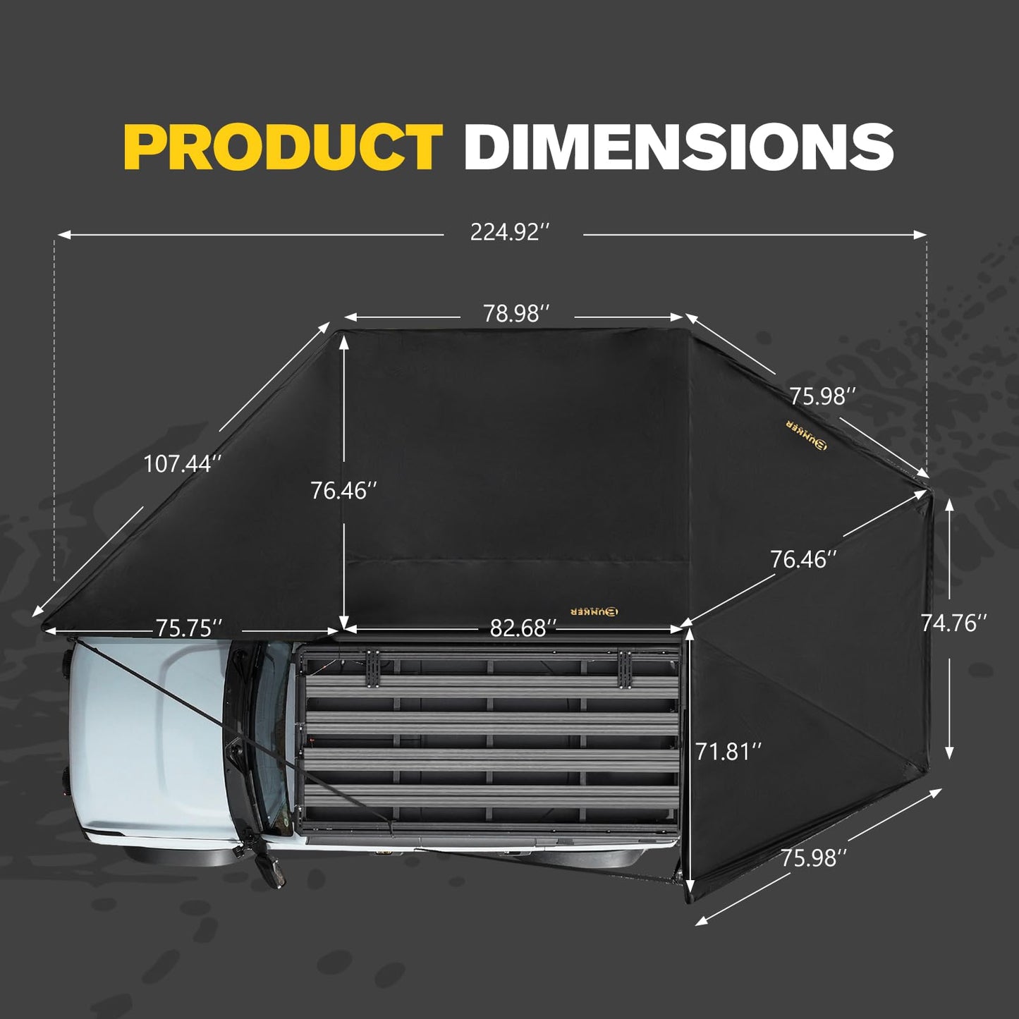 BUNKER INDUST 270 Degree Awning Free Standing, Vehicle Overland Awning Built-in LED Light - Three Colors, Car Passenger Side, Waterproof Wind Resistant for SUV Van Truck Camper
