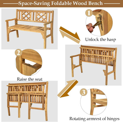 SPORFIT Rustic Garden Bench, Foldable Outdoor Bench with High Back & Armrest, 4 FT Acacia Wood Bench, 2-Person Loveseat Chair for Front Porch, Patio, Backyard & Park, Light Teak Finish