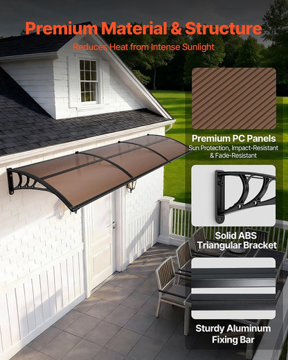 VEVOR Awnings for Door Entrance, 38" x 117" Window Door Awning Canopy Exterior with Drainage & ABS Bracket, Polycarbonate Cover Patio Door Awnings for Sun, UV, Rain, Snow Protection（Brown）