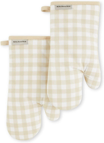KitchenAid Gingham Oven Mitts - 2-Pack Set in Milkshake Color | 7"x13" Size for Ultimate Protection