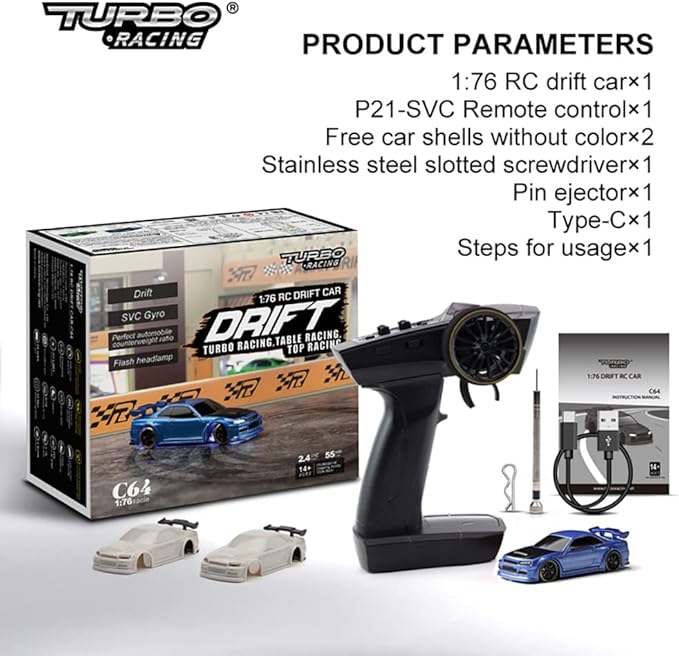 Turbo Racing 1:76 Scale Drift RC Car with Gyro Mini Full Proportional RTR 2.4GHZ Remote Control with 2 Replaceable Body Shell (C64-BLUE)