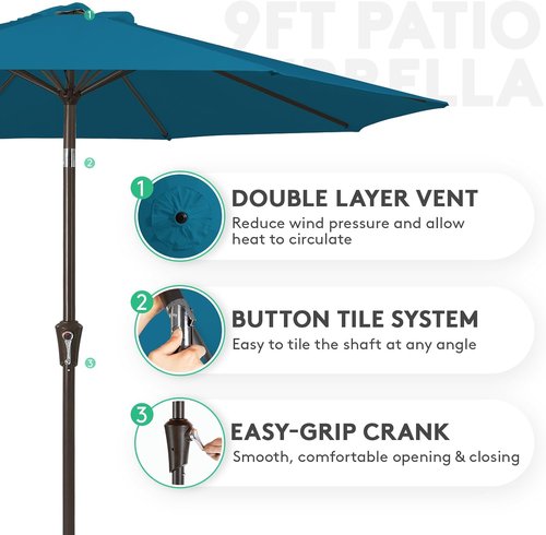JEAREY 9FT Outdoor Patio Umbrella - Push Button Tilt & Crank | UV Protection, Waterproof, Lake Blue