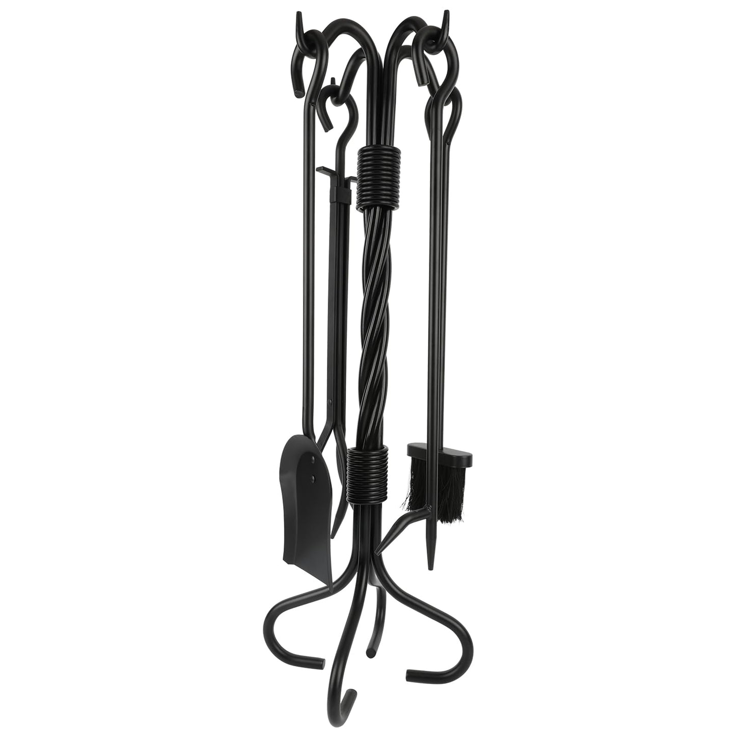 Nouetele 5-Piece Fireplace Tools Set Wrought Iron - NO Assembly - Heavy Duty 32" Solid Steel Fire Poker Set for Outdoor Fire Pit & Wood Stove - Fire Place Set with Tongs, Shovel, Brush, Stand