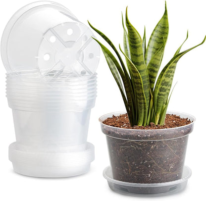Skiennix 8-Inch Clear Nursery Pots - Sturdy Plastic Plant Pots with Drainage Holes | 7-Pack for Succulents & Herbs