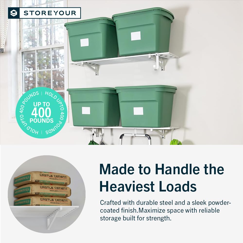 StoreYourBoard Garage Shelving Wall Mounted | 1x4 Heavy Duty Garage Wall Shelves 2-Pack, 12” Deep x 46.5” Long | Steel Wall Shelf Garage Storage Rack with Hooks, 200 lb Each / 400 lb Total, White