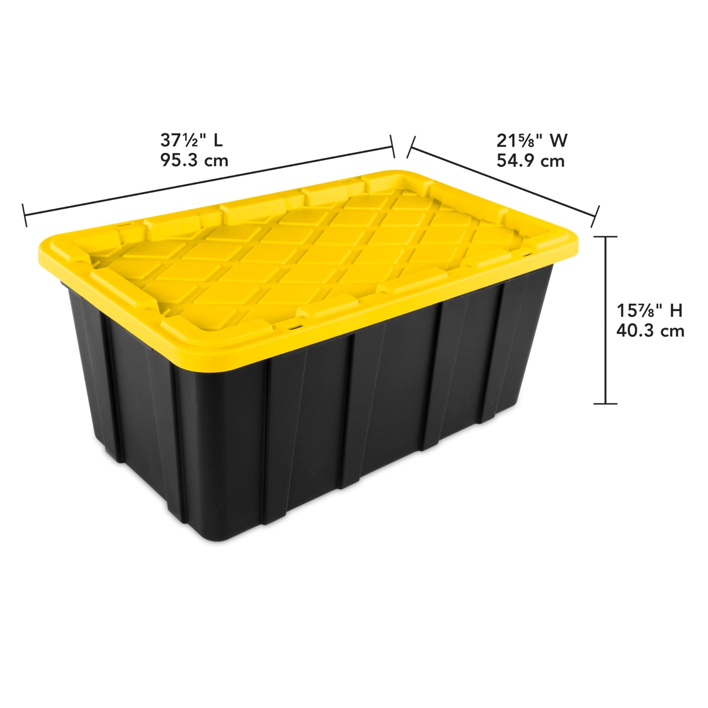 Sterilite 38 Gal Industrial Tote, Stackable Storage Bin with Snap-Fit Lid for Garage, Basement & Attic Storage, Black Base and Yellow Lily Lid, 4-Pack