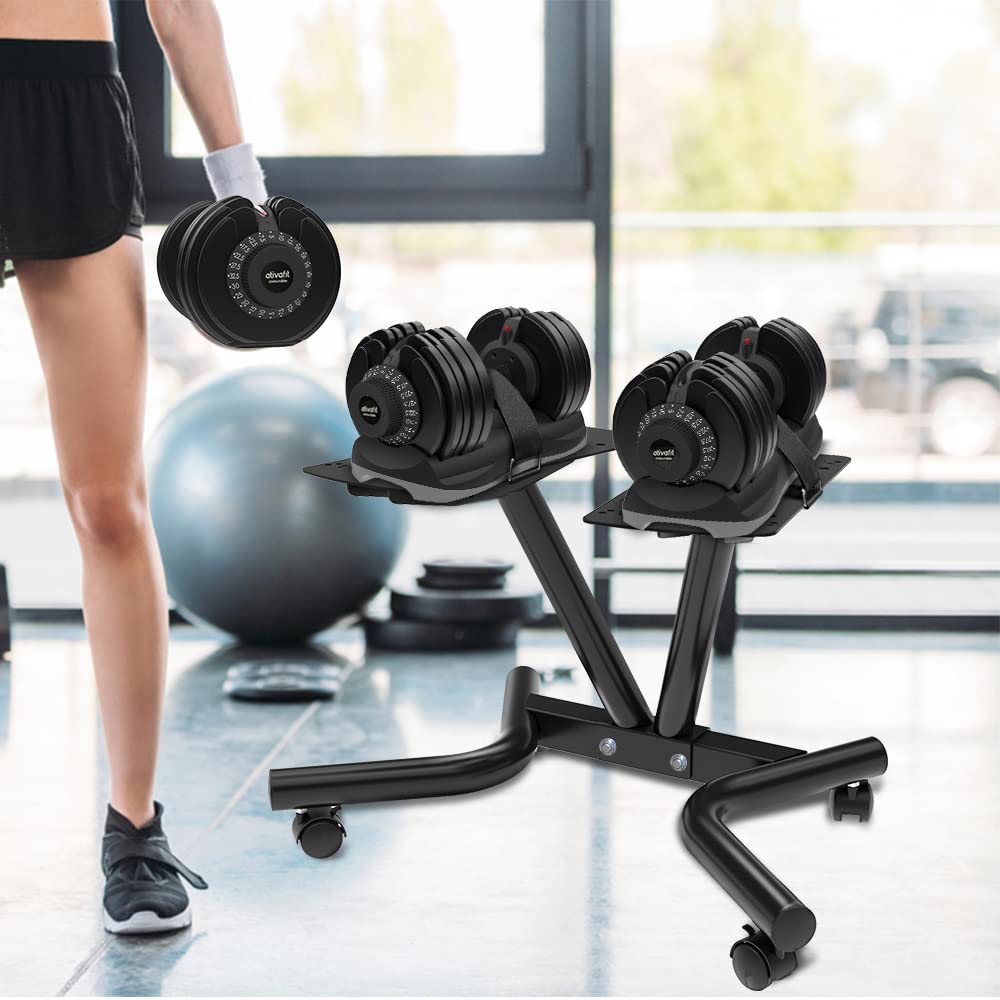 ATIVAFIT Adjustable Dumbbell Stand for Home Gym, Heavy Duty Dumbbell Rack with Adjustable Safety Strap, Space Saving Weight Stand with Wheels, Ergonomic Storage Rack Supports Up to 220 LB