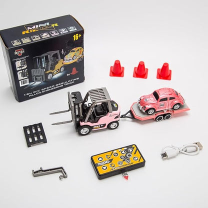 RC Forklift Truck with Trailer 1/64 Mini Alloy Remote Control Forklift 2 Mode Speed Truck with Cargo Hook Pallets RC Construction Vehicles for Adult