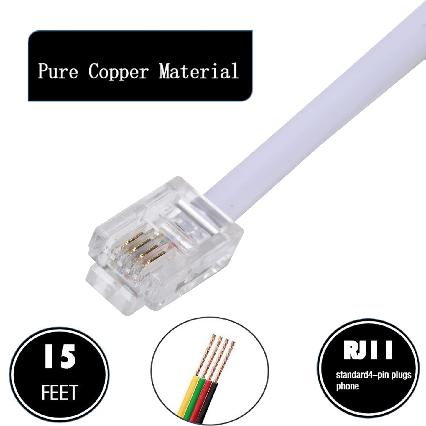 Ubramac 15 Feet Long Telephone Extension Cord Phone Cable Line Wire, with Standard RJ11 Plug and 1 in-Line Couplers and 15 Cable Clip Holders-White