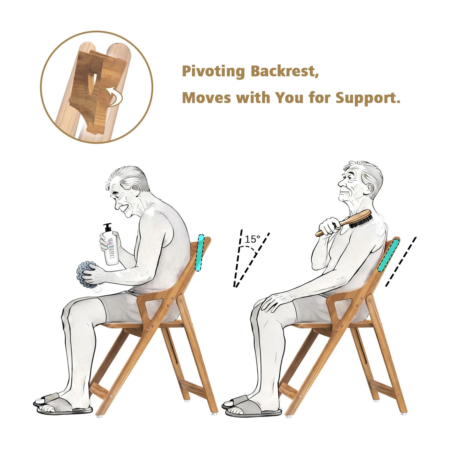 NNN Solid Teak Folding Shower Chair - Pivoting Backrest & Forward-Leaning Armrests for Easy Stand-Up, 350lb Capacity, Space-Saving Fold & Anti-Slip Feet for Elderly Bath Safety