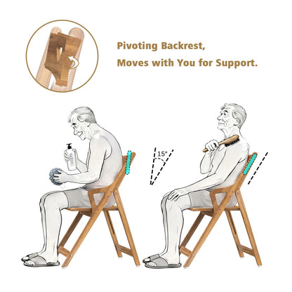 NNN Solid Teak Folding Shower Chair - Pivoting Backrest & Forward-Leaning Armrests for Easy Stand-Up, 350lb Capacity, Space-Saving Fold & Anti-Slip Feet for Elderly Bath Safety