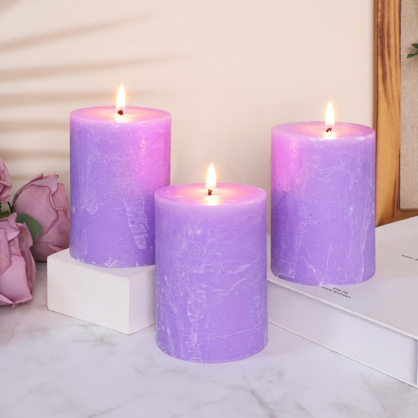 Cafemoon 3 Pack 3x4 Inch Lavender Scented Pillar Candles, Rustic Rough Textured Purple Candles, 35+ Hours Long Burning Smokeless Dripless for Home Decor Bathroom Shelf Dinner Party Spa Gift