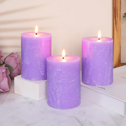 Cafemoon 3 Pack 3x4 Inch Lavender Scented Pillar Candles, Rustic Rough Textured Purple Candles, 35+ Hours Long Burning Smokeless Dripless for Home Decor Bathroom Shelf Dinner Party Spa Gift