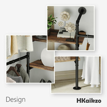 HKaikzo Wall Mounted Closet System 85" H×81" W, Industrial Pipe Clothing Rack for Walk-in Closet with 6 Shelves, Heavy Duty 200LBS Garment Rack, Color-Coded Assembly, 3 Layout Options, Black