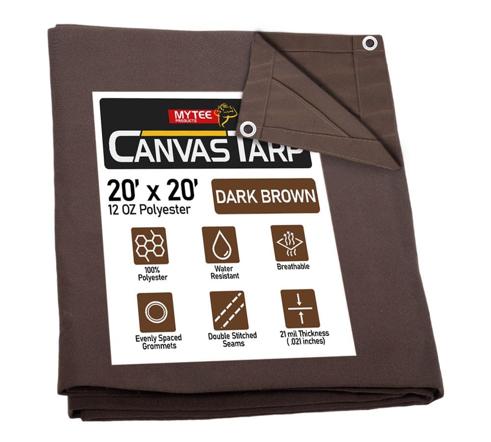 Mytee Products 20' x 20' Dark Brown 12oz Canvas Tarp with Grommets - Water Resistant - Heavy Duty Canvas Tarps - Multipurpose Tarpaulin Cover for Canopy Tent, Roof, Camping, Semi Trucks & Cargo