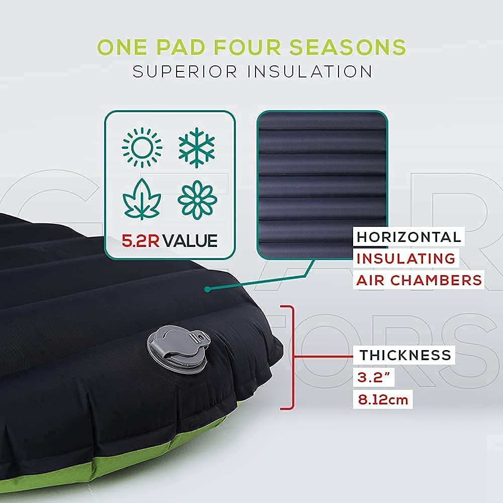 Gear Doctors Ultralight 17oz Apollo-Air Sleeping pad + Blue Anti Slip Camping Pillow Duo, 5.2 R-Value 4 Season Air Mattress with Ergonomic Ultralight Pillow The Size of A Soda Can