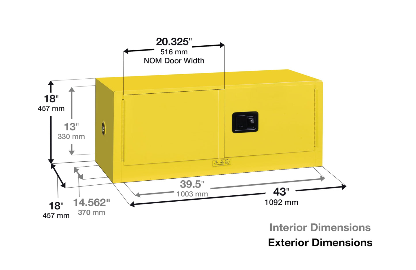 Justrite 12 Gallon Manual Close Piggyback Flammable Storage Cabinet, 18 Gauge Steel, 2 Door Fire Cabinet, 18" x 43" x 18", Made in The USA, Yellow, 891300