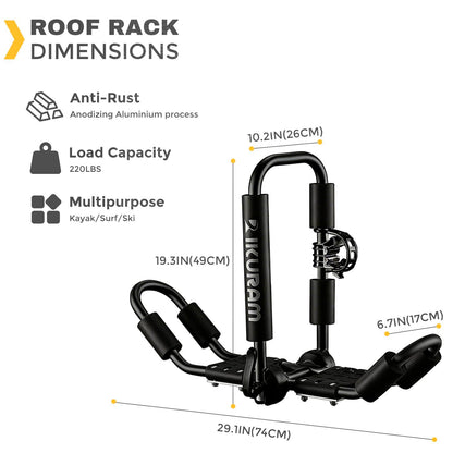 Kayak Roof Rack, Aluminum Kayak Carrier Folding J-Style Universal 4-in-1 Multifunction for Canoe, SUP, Kayaks, Surfboard Rooftop Mount on SUV, Car and Truck Crossbars, Black