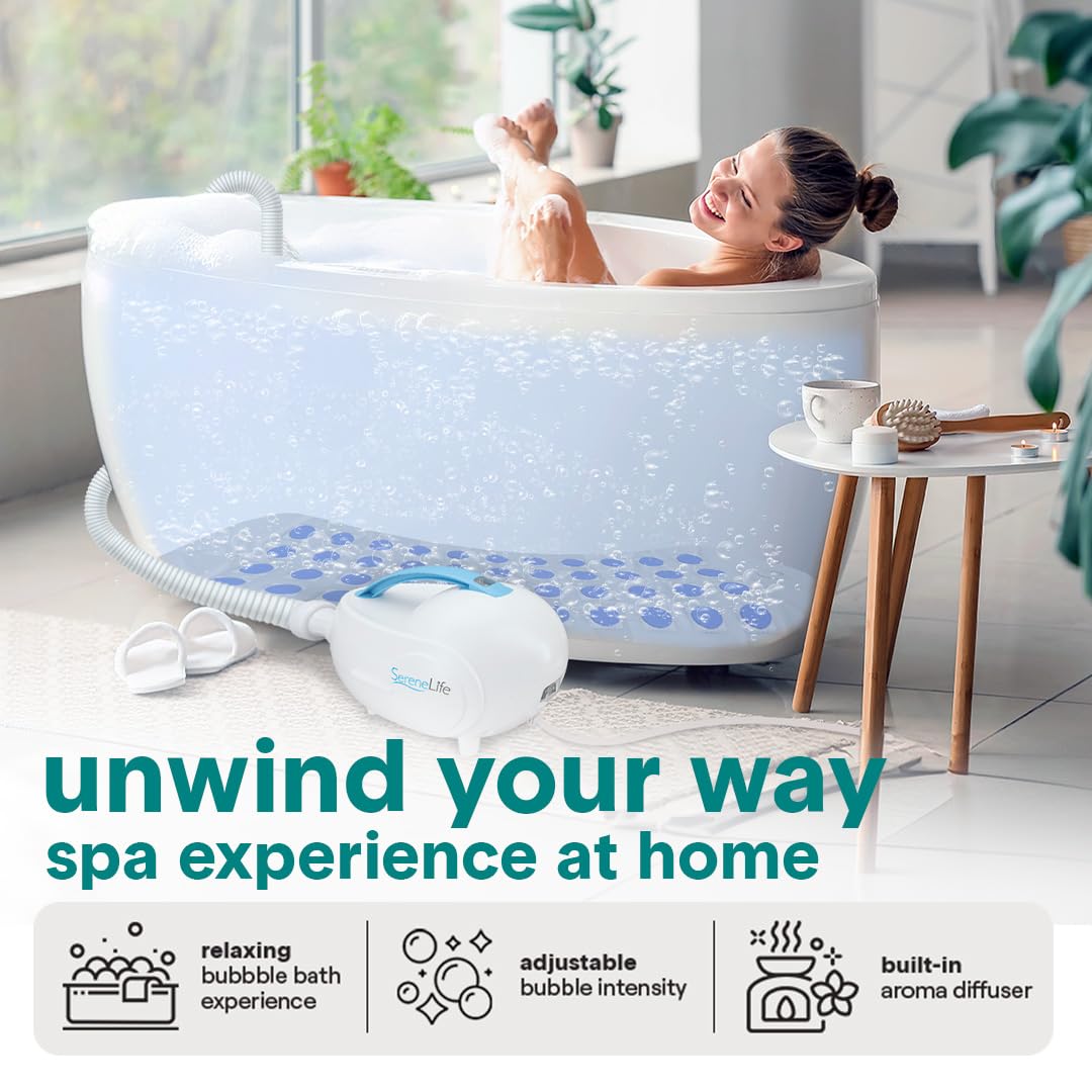 SereneLife Bubble Bath Mat, Bathtub Mat with Air Massage and Remote Control, Waterproof, Non-Slip, Adjustable Bubble Intensity, Aroma Diffuser, 47x14.2 Inch Full Body Spa Massager