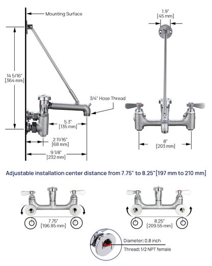 Sepaitek Commercial Mop Sink Faucet 8" Center Wall Mount, Heavy-Duty Service Sink Faucet with Vacuum Breaker 3/4" Hose Thread, for Industrial Outdoor Janitor Floor Mop Sink, Brass Casted Chrome Finish