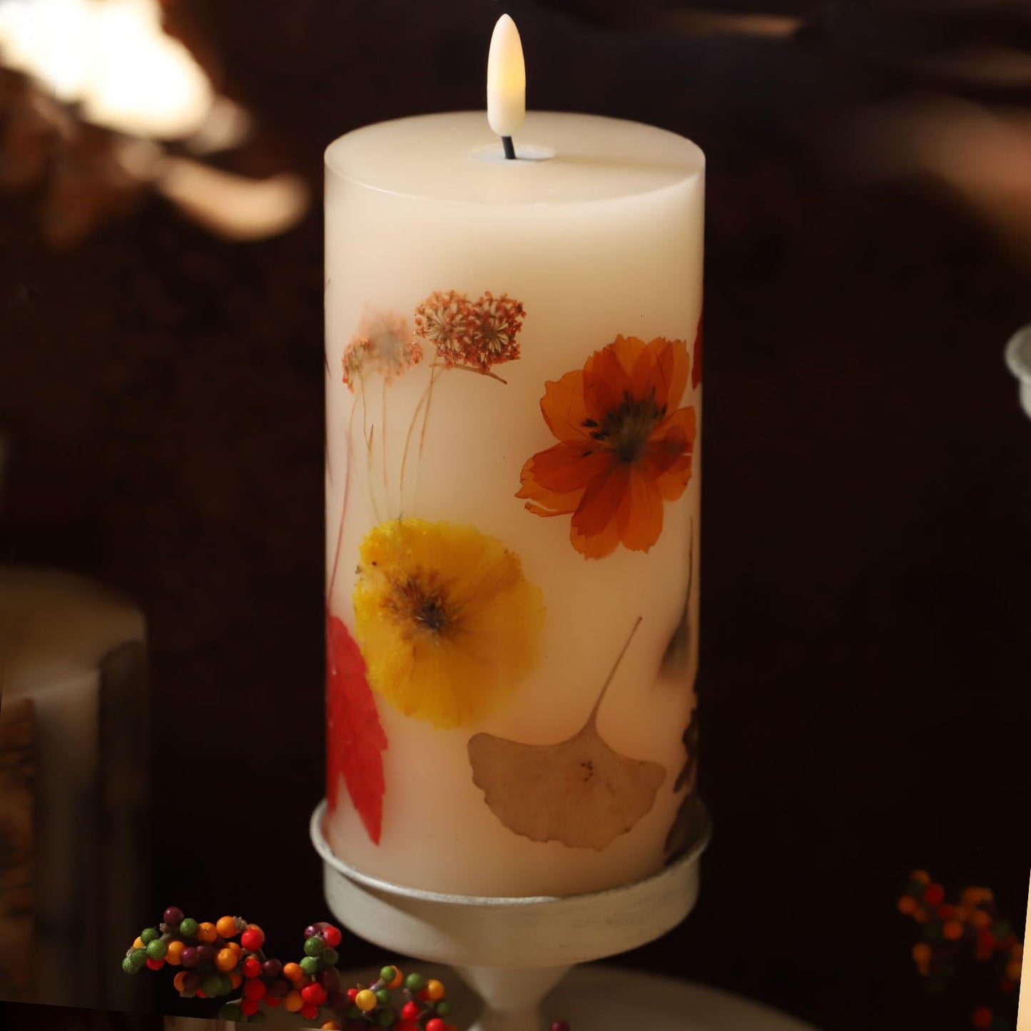Fall Flameless Candles with Real Maple Leaf & Marigold Embedded Pillar Candles Battery Operated with Remote (3" × 6") - Straight Edge, Real Wax, Unscented - Ideal for Thanksgiving Decorations