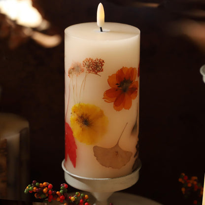 Fall Flameless Candles with Real Maple Leaf & Marigold Embedded Pillar Candles Battery Operated with Remote (3" × 6") - Straight Edge, Real Wax, Unscented - Ideal for Thanksgiving Decorations