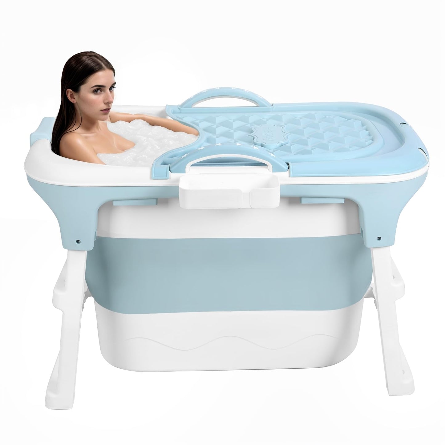 Portable Foldable Bathtub for Adult, 41" Small Foldable Tub with Ergonomic Seat & Massage Roller, Large Capacity Soaking Tub for Adults with Thermal Cover (Blue)