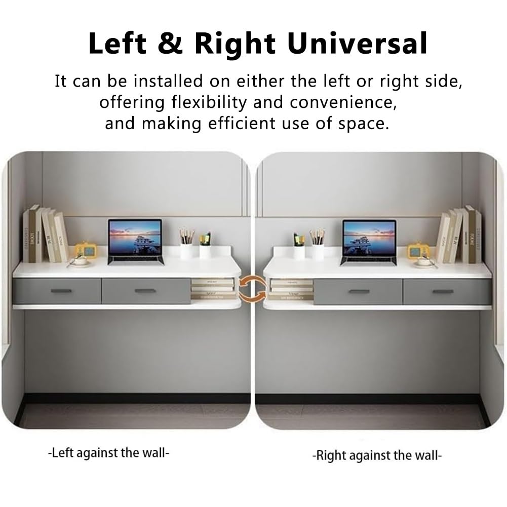 Sxlawesom Wall Mounted Desk, Floating Vanity Makeup Table with Drawer, Space-Saving Wall Organizer Computer Desk for Home Office(White Gray,60x40x25cm)