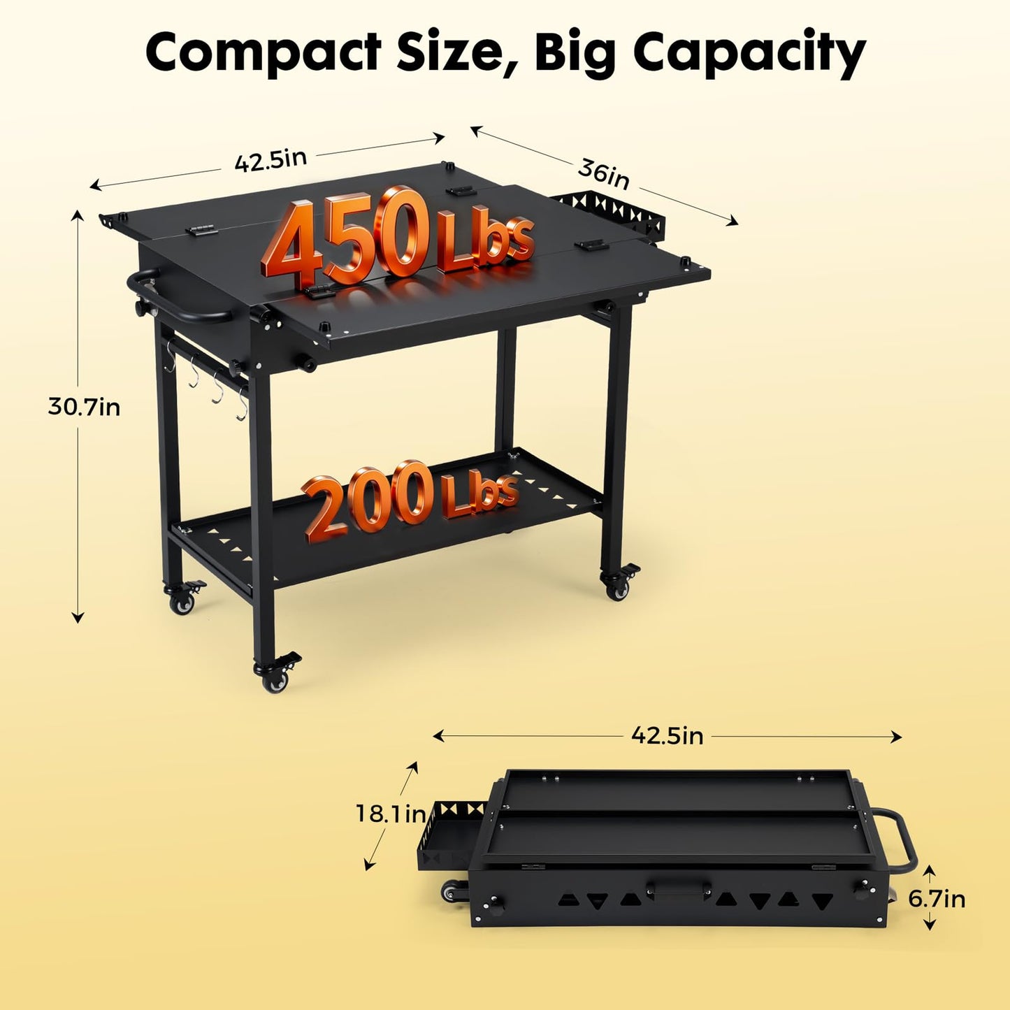 GVGBUK Portable Outdoor Grill Table with Wheels, Heavy-Duty Steel Prep Table, Folding Griddle Stand with Shelves, Bottle Opener, No Assembly Required, for BBQ, Pizza Oven, Patio