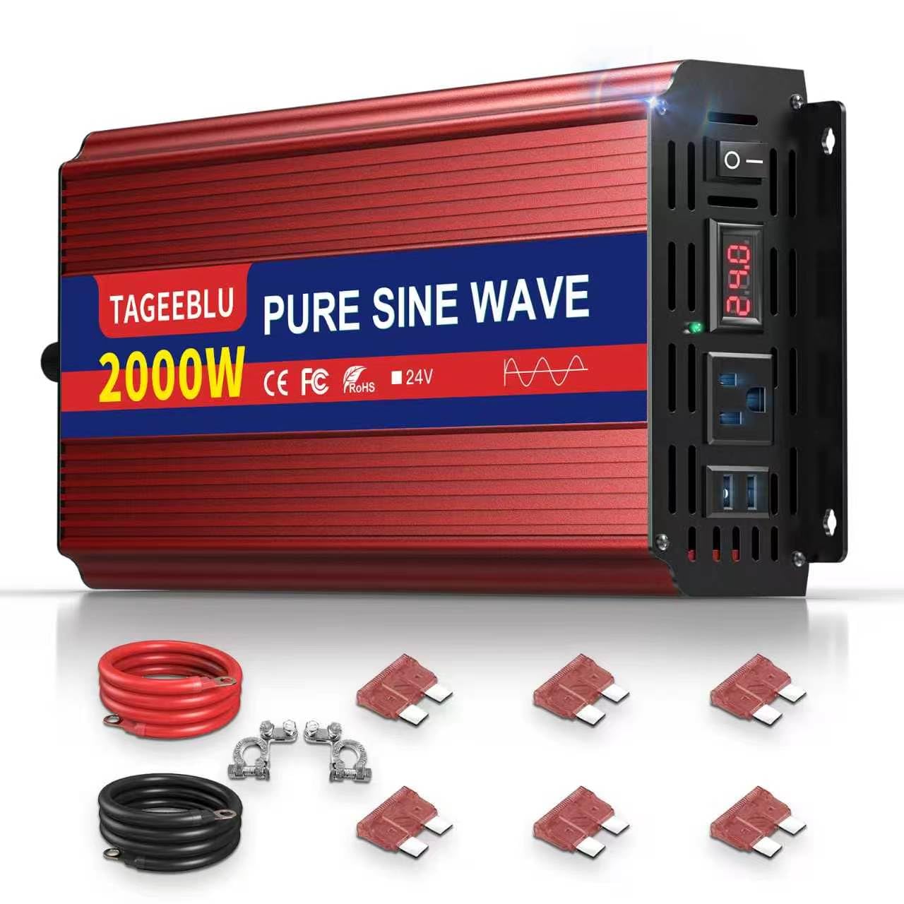 TAGEEBLU 24V 2000W Pure Sine Wave Inverter - 4000W Surge, 24V DC to 110V AC Heavy Duty Power Inverter for RV, Truck, Home, Solar, Off-Grid, Outdoor, Car Converter with Dual AC Outlets and LCD Display