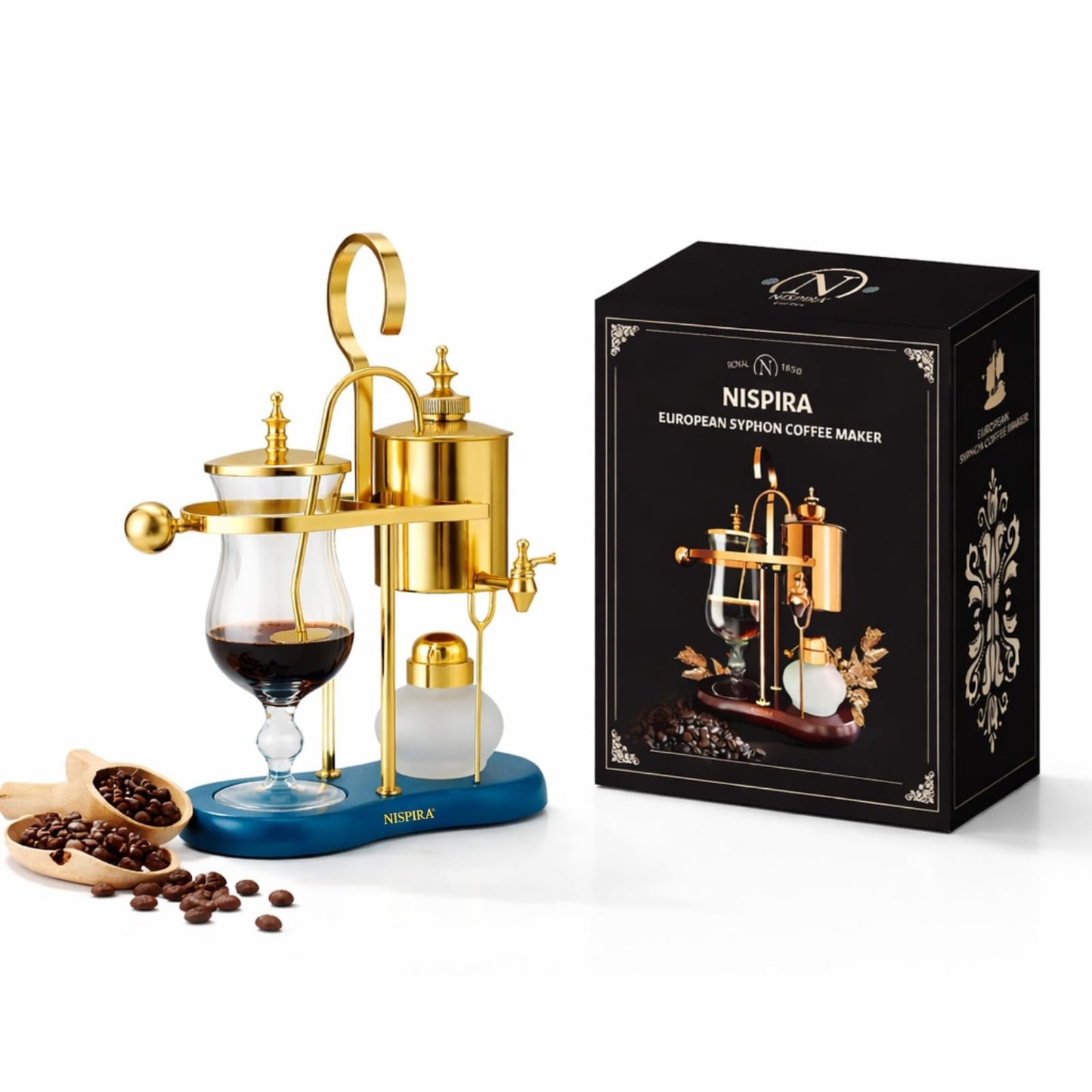 Nispira Belgian Balance Syphon Vacuum Coffee Maker, 500ml Vintage Gravity Brewing System, Gold & Peacock Blue Finish, Manual Tabletop Coffee Brewer