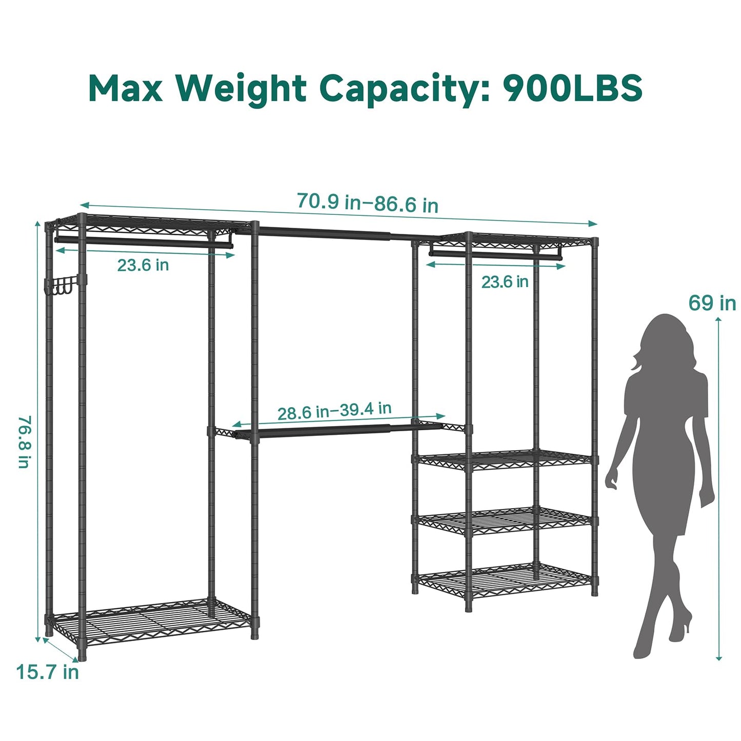Exglobol Heavy Duty Garment Rack, Portable Expandable Freestanding 4 Tiers Adjustable Wire Shelves Clothes Rack with 2 Retractable Poles, 70.9-86.6" L x 15.7" W x 76.8" H, Max Load 900LBS, Black