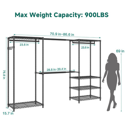 Exglobol Heavy Duty Garment Rack, Portable Expandable Freestanding 4 Tiers Adjustable Wire Shelves Clothes Rack with 2 Retractable Poles, 70.9-86.6" L x 15.7" W x 76.8" H, Max Load 900LBS, Black