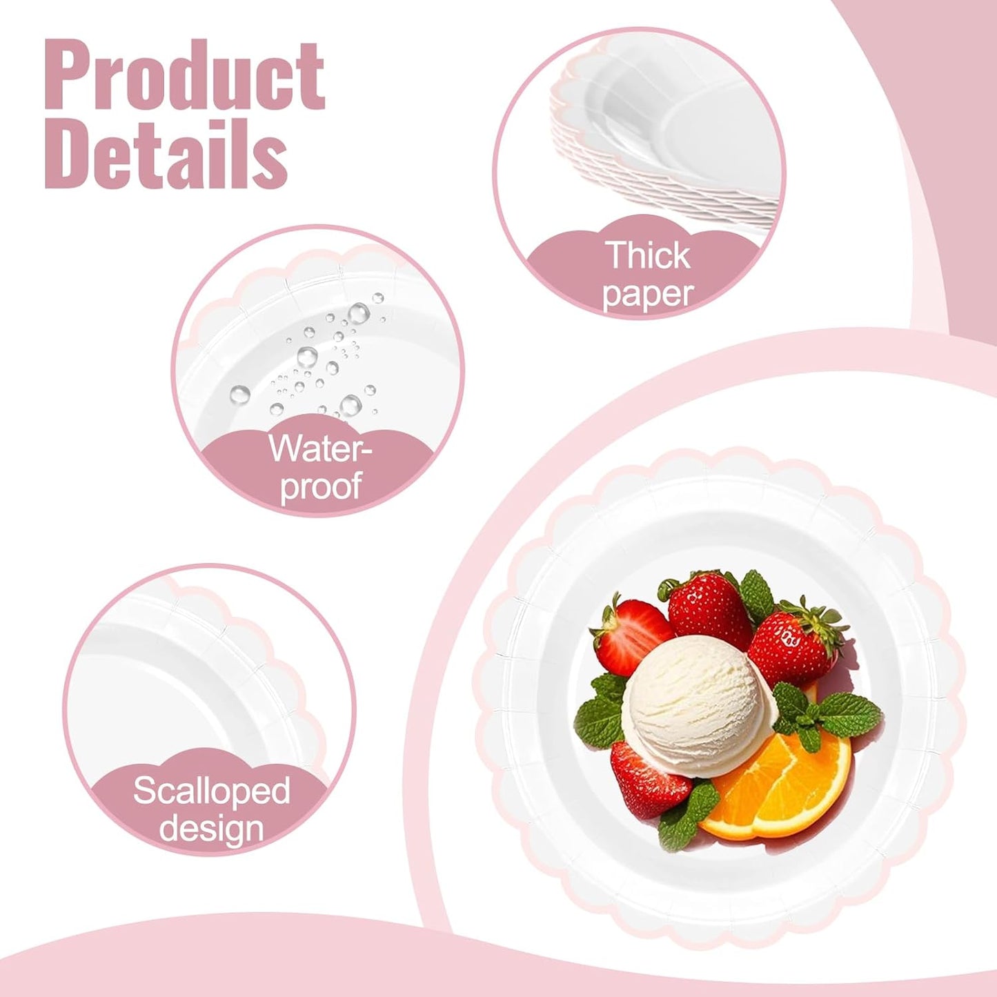 Regine Switzerland 30 Pcs Pink & White Paper Plates - 7 Inch Scalloped Design for Parties & Events