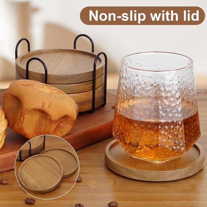 RIHLA Acacia Wood Coasters with Lip, Set of 5 with Holder - Elegant and Functional Wooden Drink Coasters for Home Coffee Table & Office