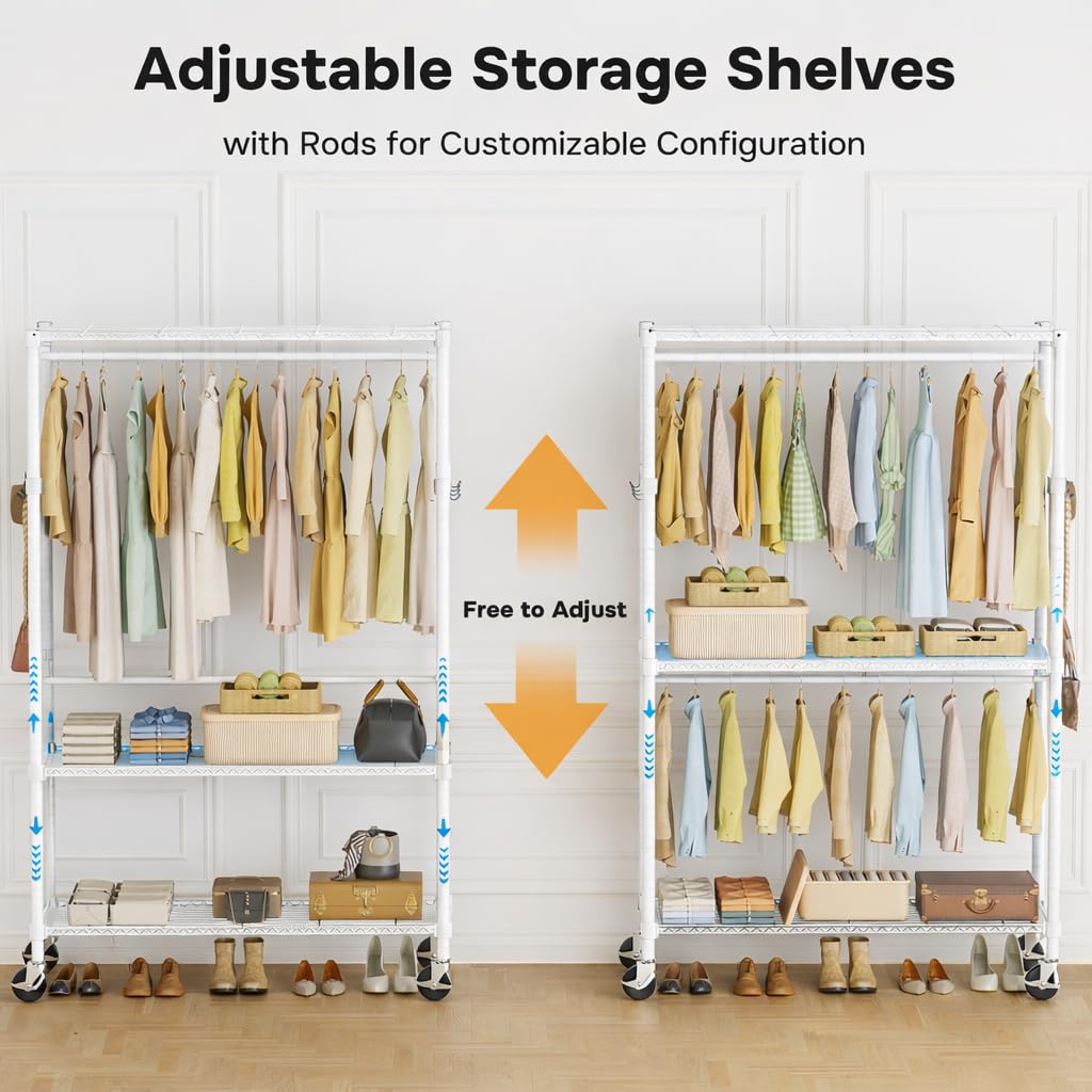 Simple Deluxe Rolling Clothes Rack, Heavy Duty Clothing Rack, 3-Shelf Portable Adjustable Wardrobe Closet with Wheels, Hanging Rods & Side Hooks, 43.3" W x 17.7" D x 80.3" H, White