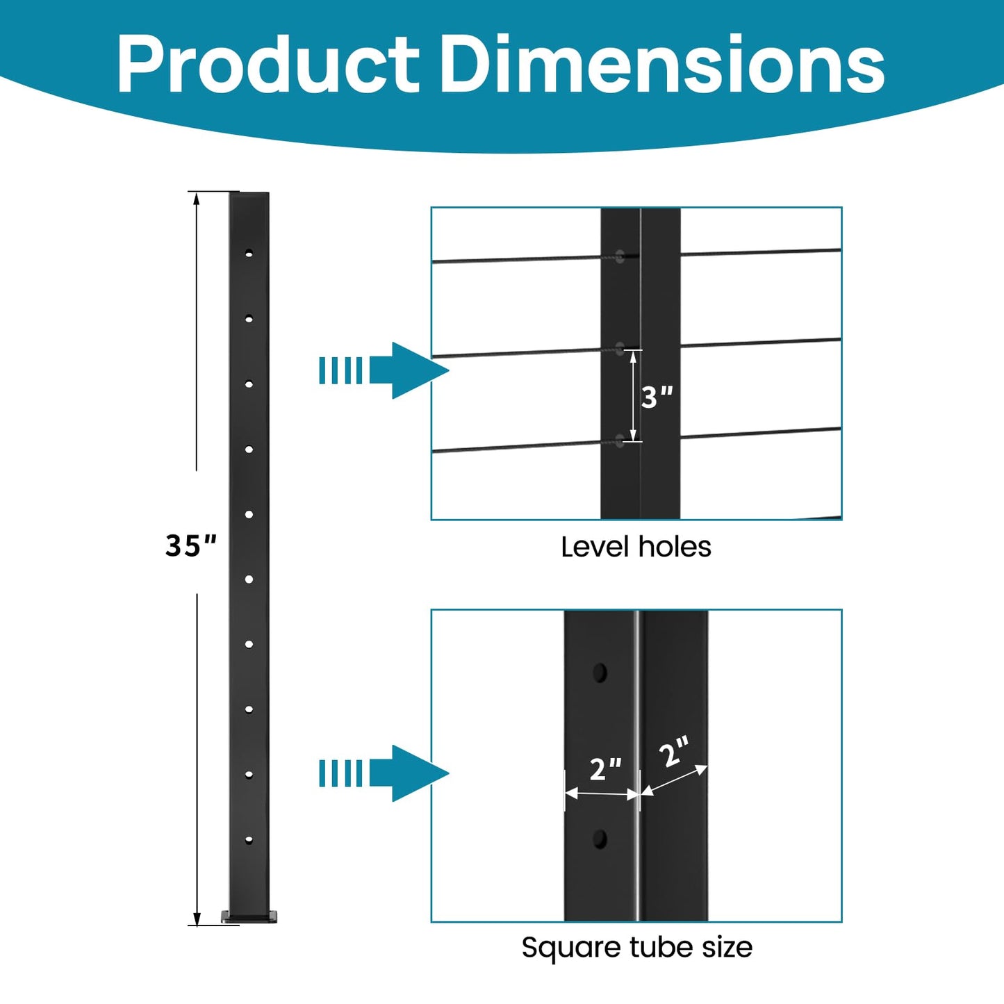 4 Pack Black Cable Railing Post 36 Inch Level Drilled Surface Mount Deck Post 36"x2"x2" T304 Stainless Steel Flat Top Square Cable Railing Kit for Indoor Outdoor HP01