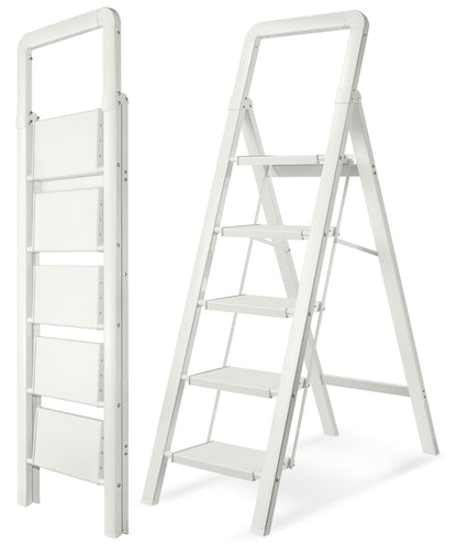 BIBKOKE Step Ladder 5-Step White Finish Aluminum Folding Step Ladders,Anti-Slip Max 330 lbs