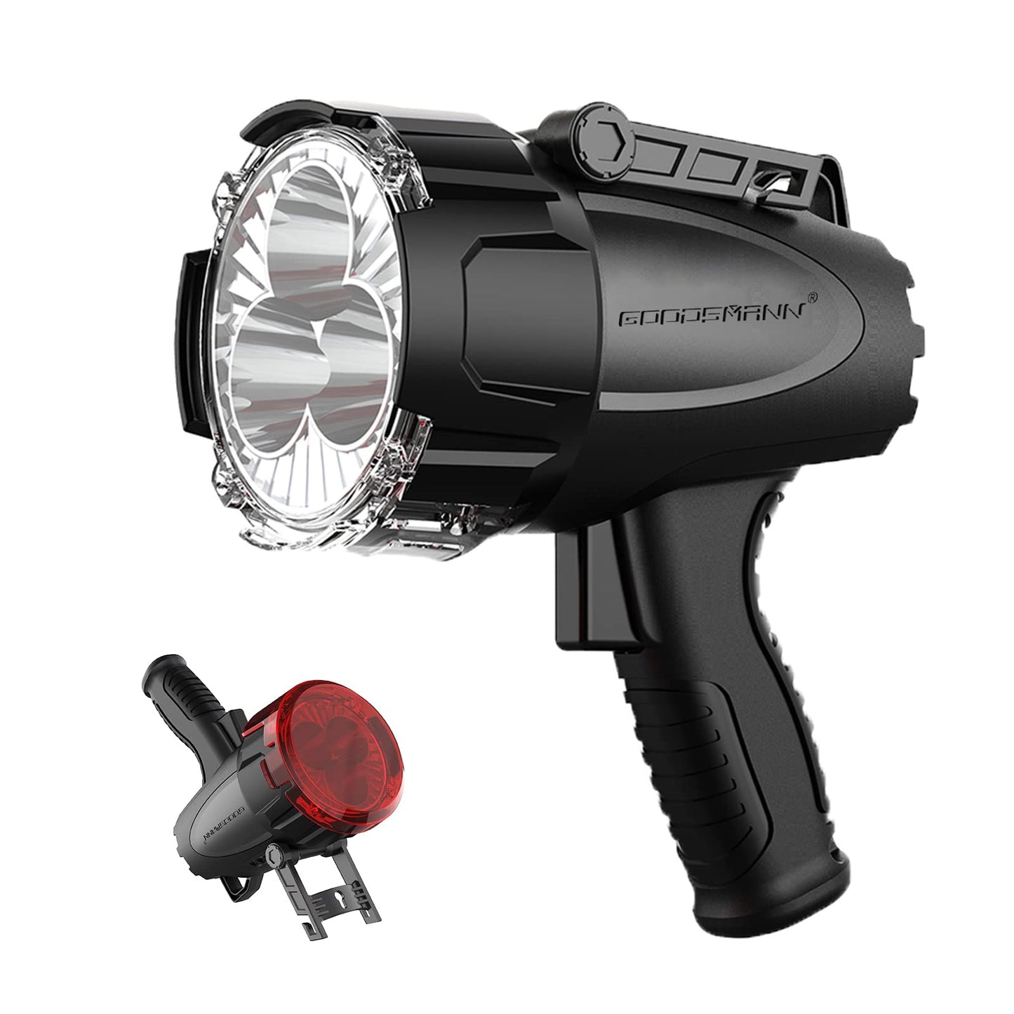 GOODSMANN Rechargeable Marine Spotlight up to 6000 Lumen Portable Handheld Spot Light Waterproof Searchlight 70W Hunting Work Flashlight with USB Adapter Car Charger EVA Carrying Case Red Lens Filter