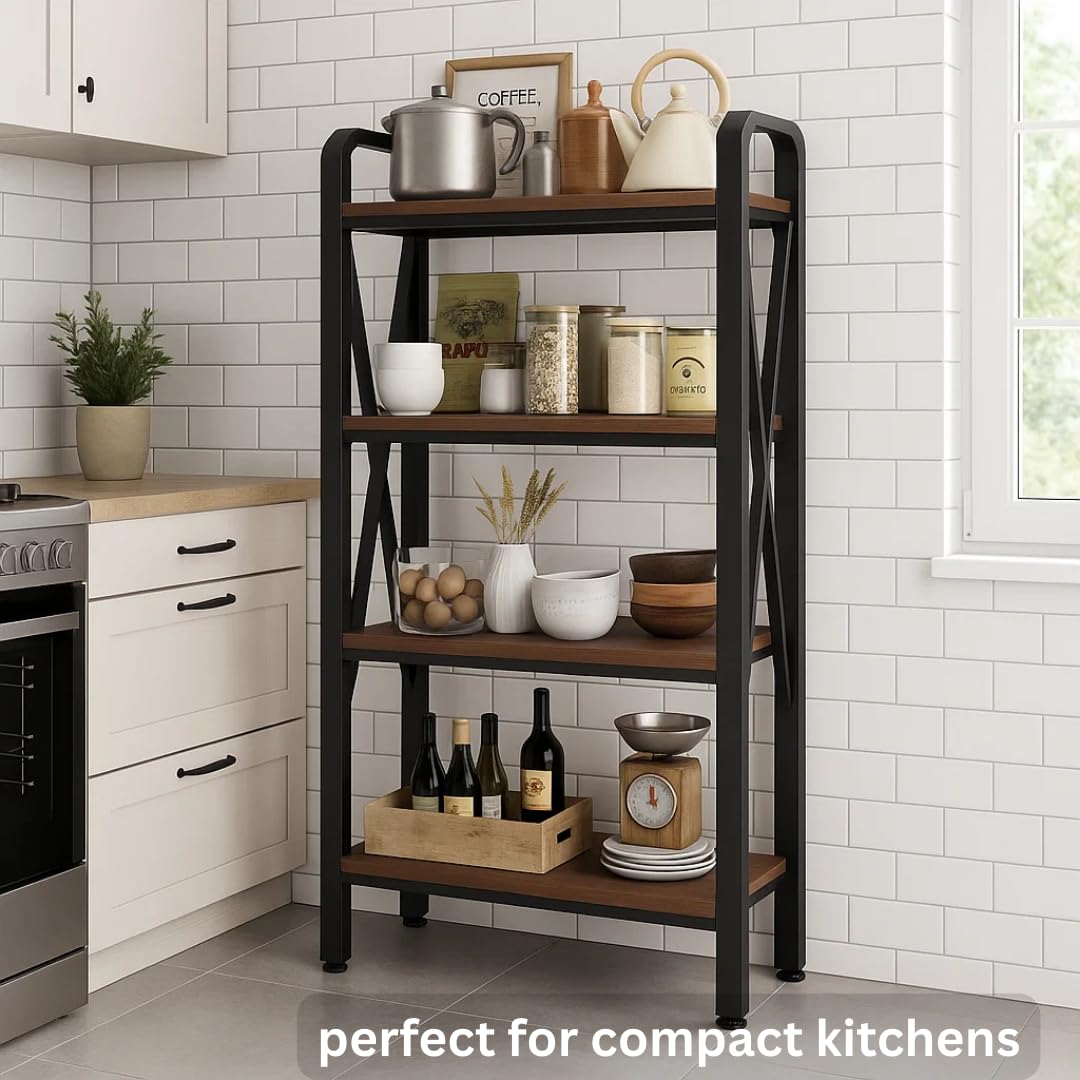 flowmultiply 4-Tier Bakers Rack Storage Shelf – Metal & Wood Kitchen Organizer with Adjustable Shelves, Rustic Industrial Shelf for Pantry or Office (15.8" L × 25.6" W × 56.3" H)