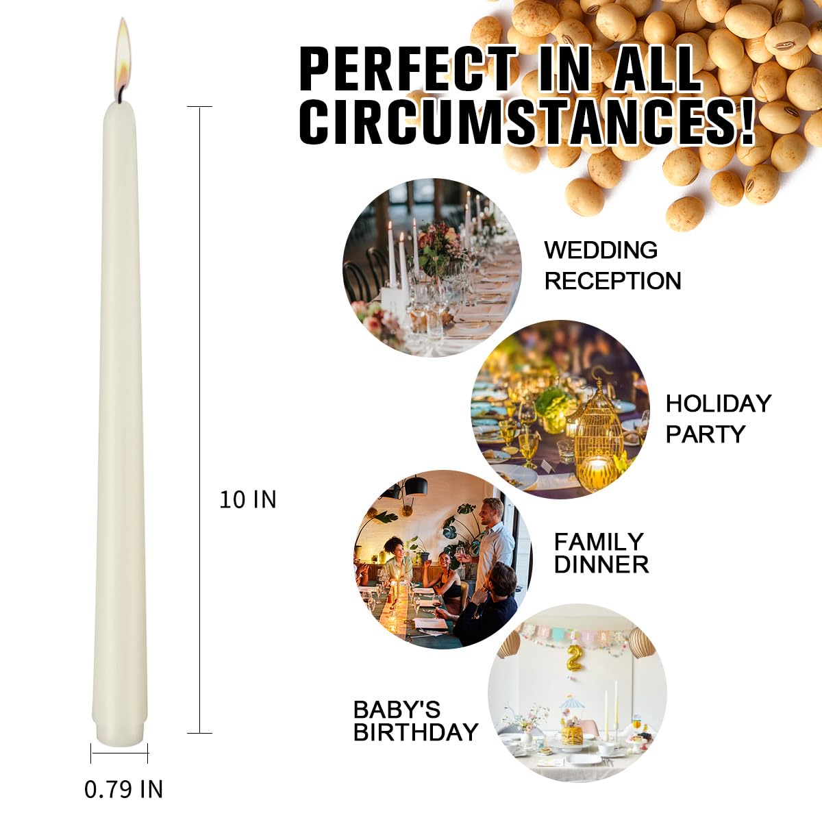 Ivory Taper Candles, Set of 20 Unscented and Smokeless 10 Inch Taper Candles Long Burning, Paraffin Wax with Cotton Wicks for Burning Approxinately 7-8 Hours Time