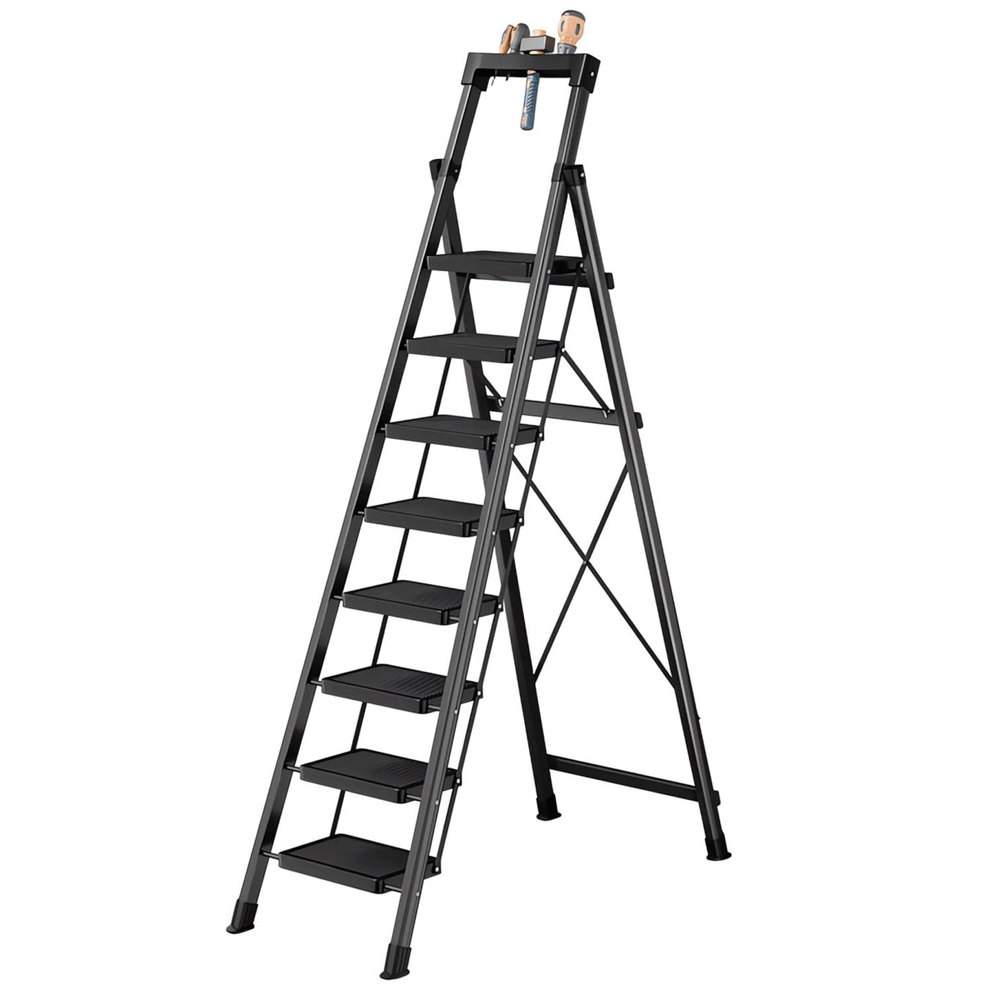 8 Step Ladder,Folding Step Stool with Tool Tray,Portable Sturdy Steel Ladder with Anti-Slip Pedal,Lightweight,Convenient Work Platform,Sturdy Carbon Steel Step Ladder for Adult,Garden,Garage