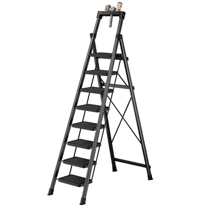 8 Step Ladder,Folding Step Stool with Tool Tray,Portable Sturdy Steel Ladder with Anti-Slip Pedal,Lightweight,Convenient Work Platform,Sturdy Carbon Steel Step Ladder for Adult,Garden,Garage