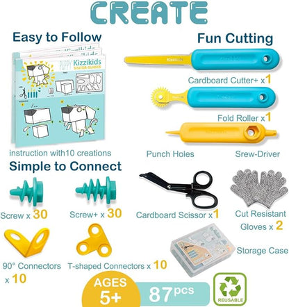 Cardboard Tools for Kids with Cutter &ampTool Box 87 PCS Cardboard Construction Kit for Family &amp Team Activities Creative STEM Educational Toys Gift for Boys and Girls Aged 5+