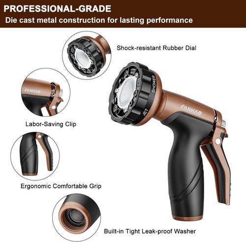 FANHAO Heavy Duty Metal Garden Hose Nozzle - 6 Spray Patterns for Efficient Watering | Ideal for Lawn, Plants, Cars & Pets