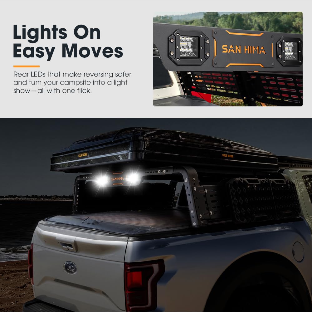 SanHima Adjustable Truck Bed Rack w/LED Lights - Overland Universal Bed Rack for Full-Size Trucks Without Factory Bed Rails/Tonneau Bed Cover